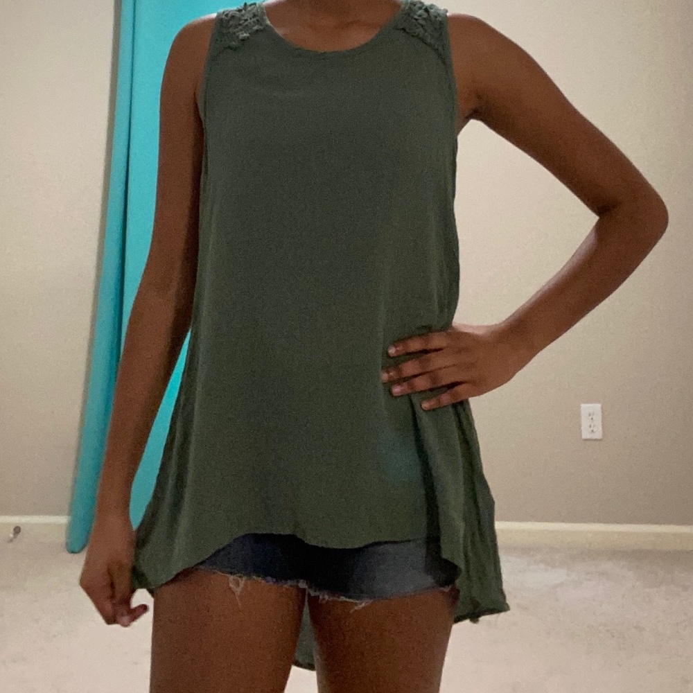 Army Green Lace Shoulder High-Low Tank